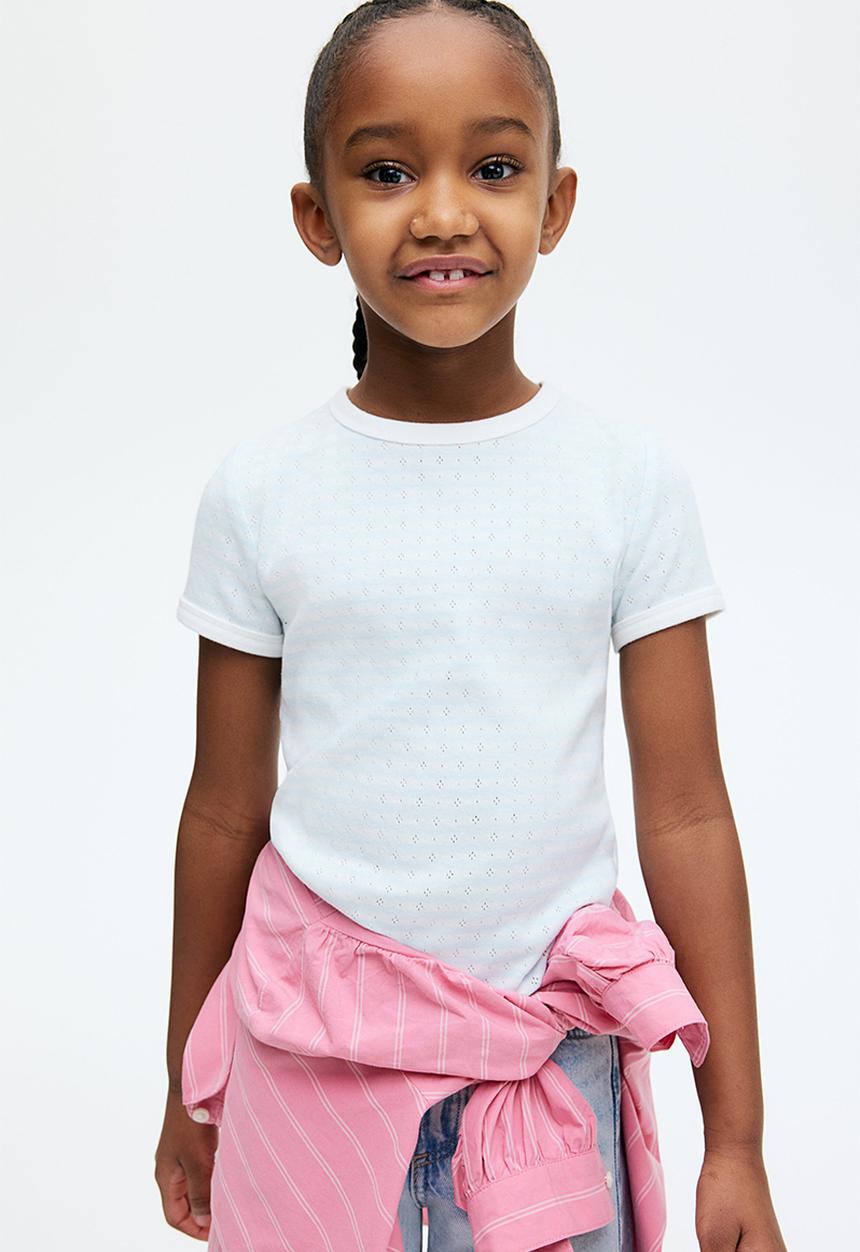 H&M - Short-sleeved pointelle jersey top -light blue/striped 
