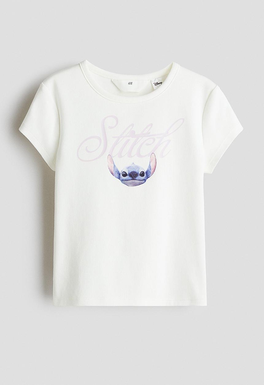 H&M - Print-motif cotton top - white/lilo & stitch 
