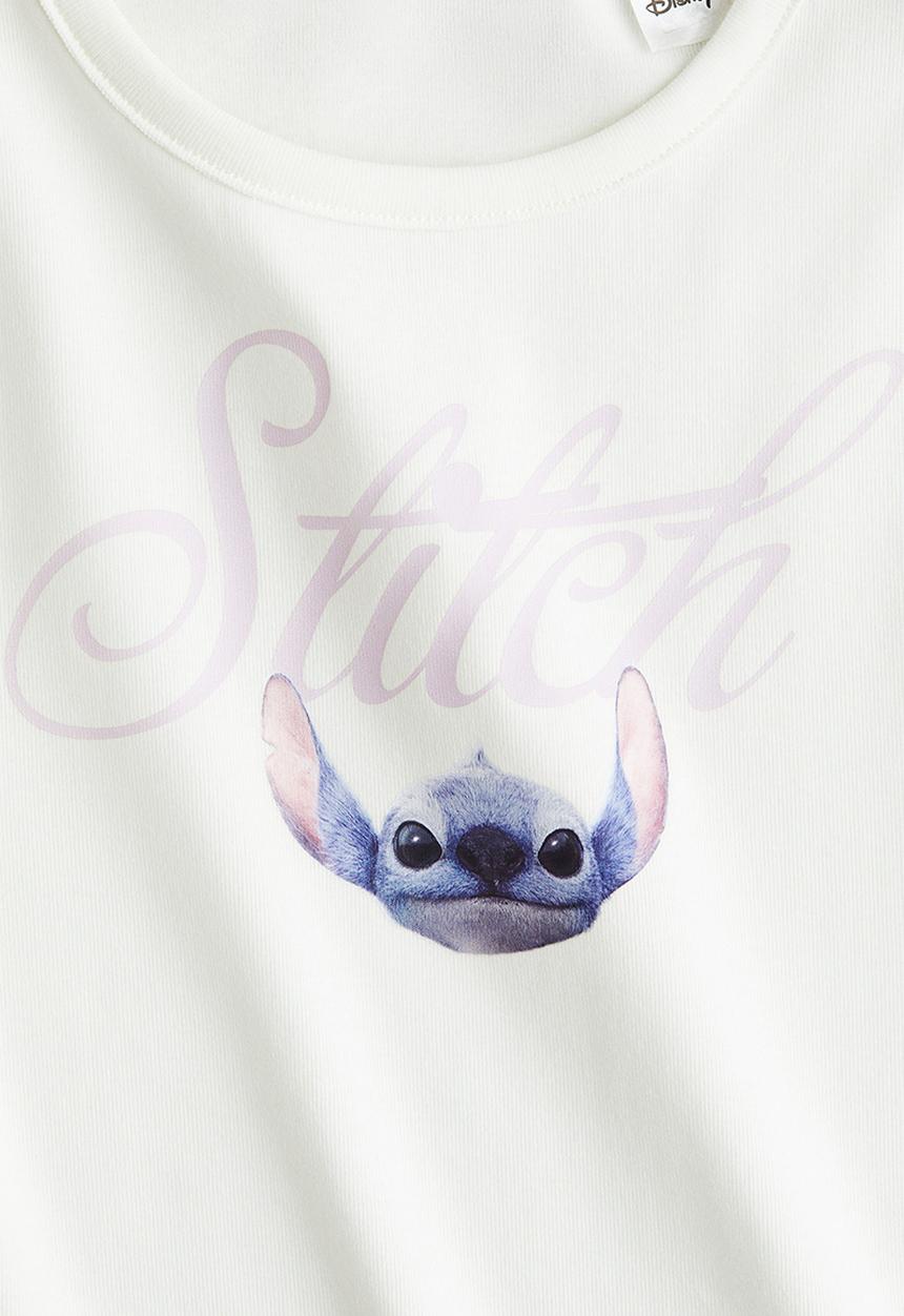 H&M - Print-motif cotton top - white/lilo & stitch 