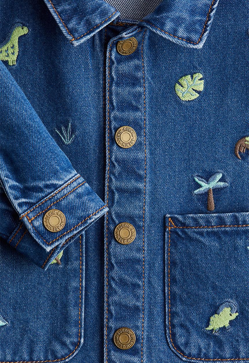 H&M - Embroidery-detail denim shacket - denim blue/dinosaurs