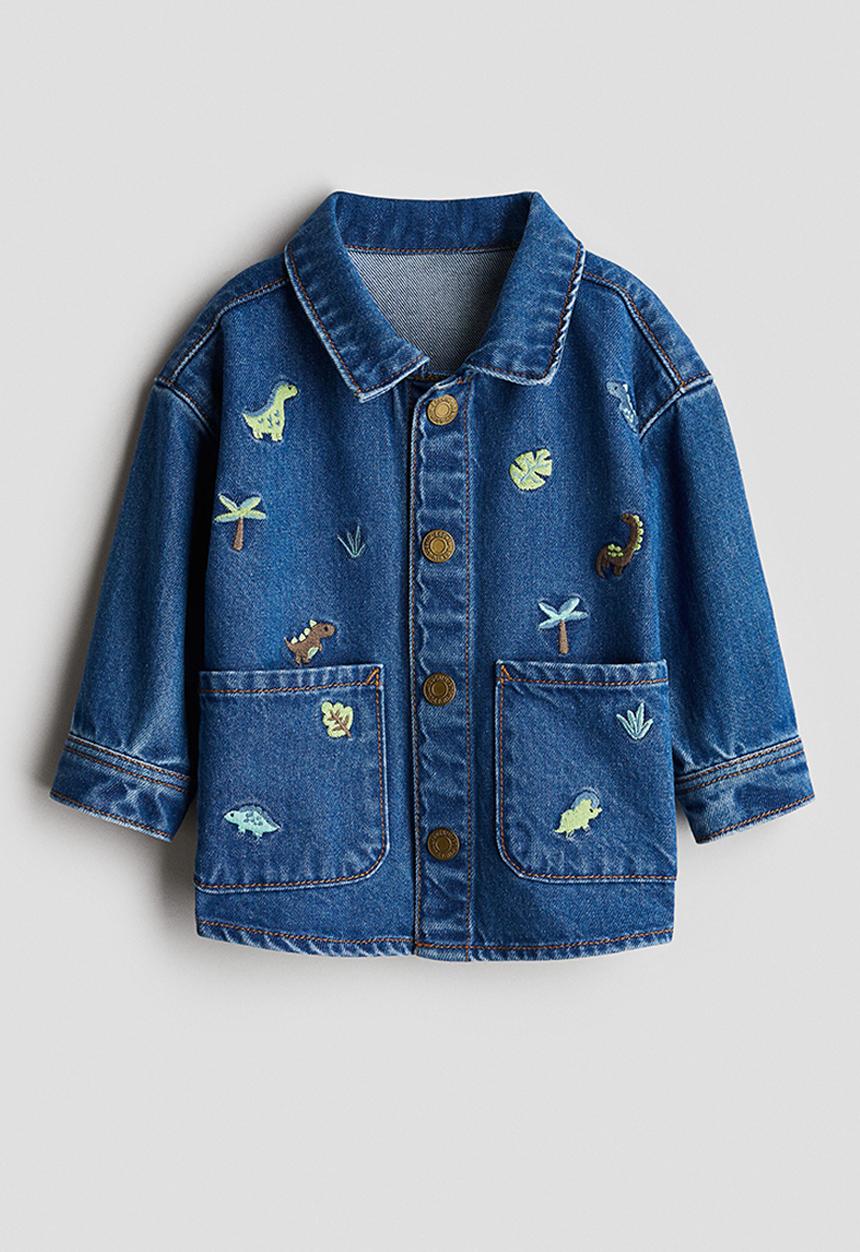 H&M - Embroidery-detail denim shacket - denim blue/dinosaurs