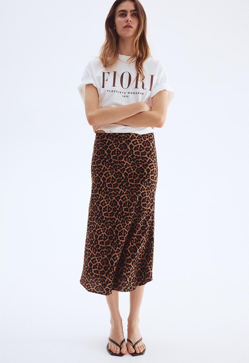 H&M - Flared slip skirt - dark beige leopard print