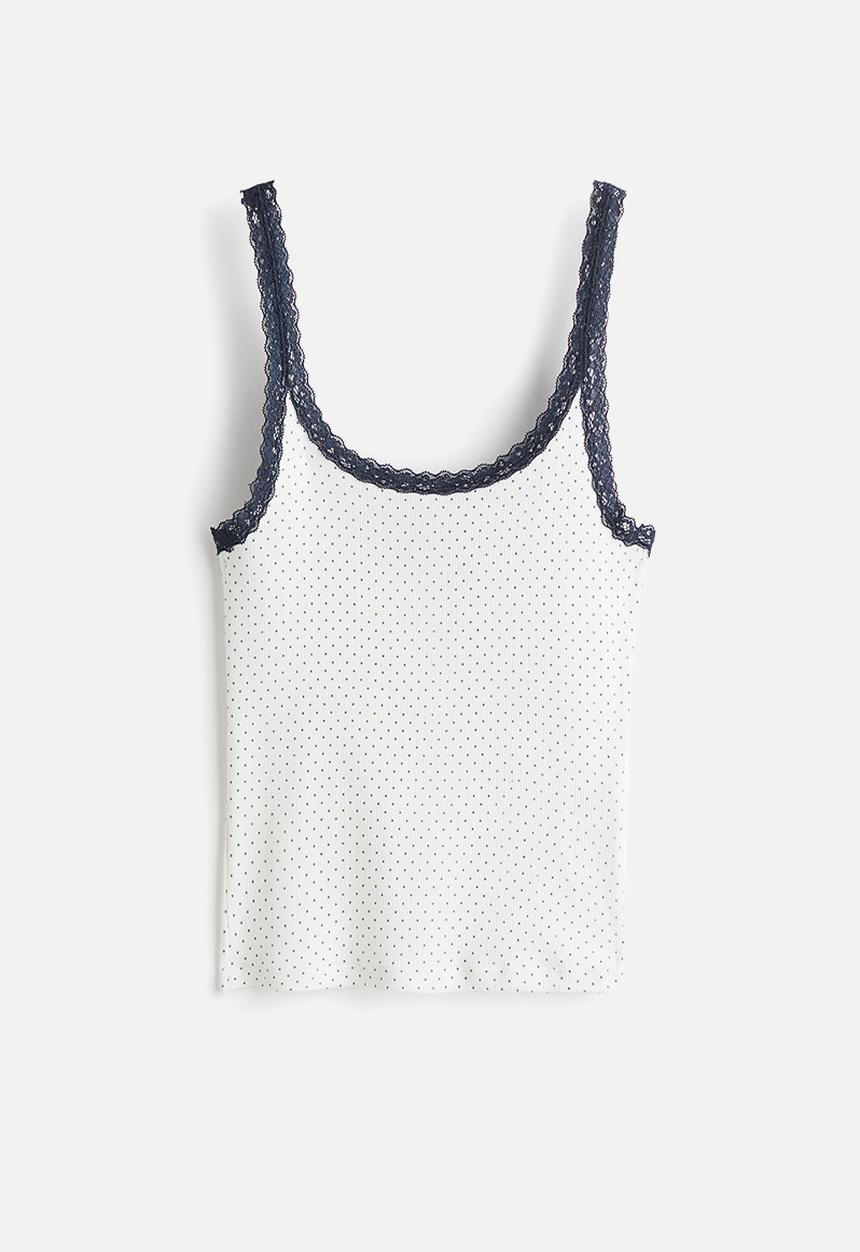H&M - Lace-trimmed vest top - white/spotted