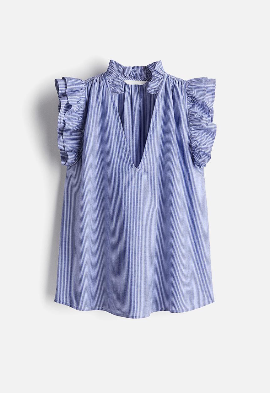 H&M - Frill-trimmed blouse - blue/striped