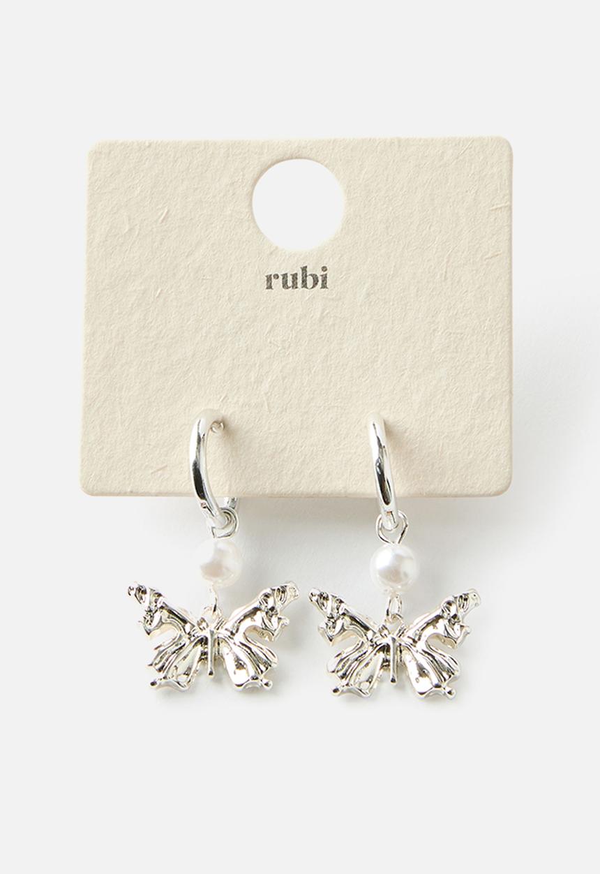 Rubi - Pearl butterfly hoop earring-up silver pearl butterfly