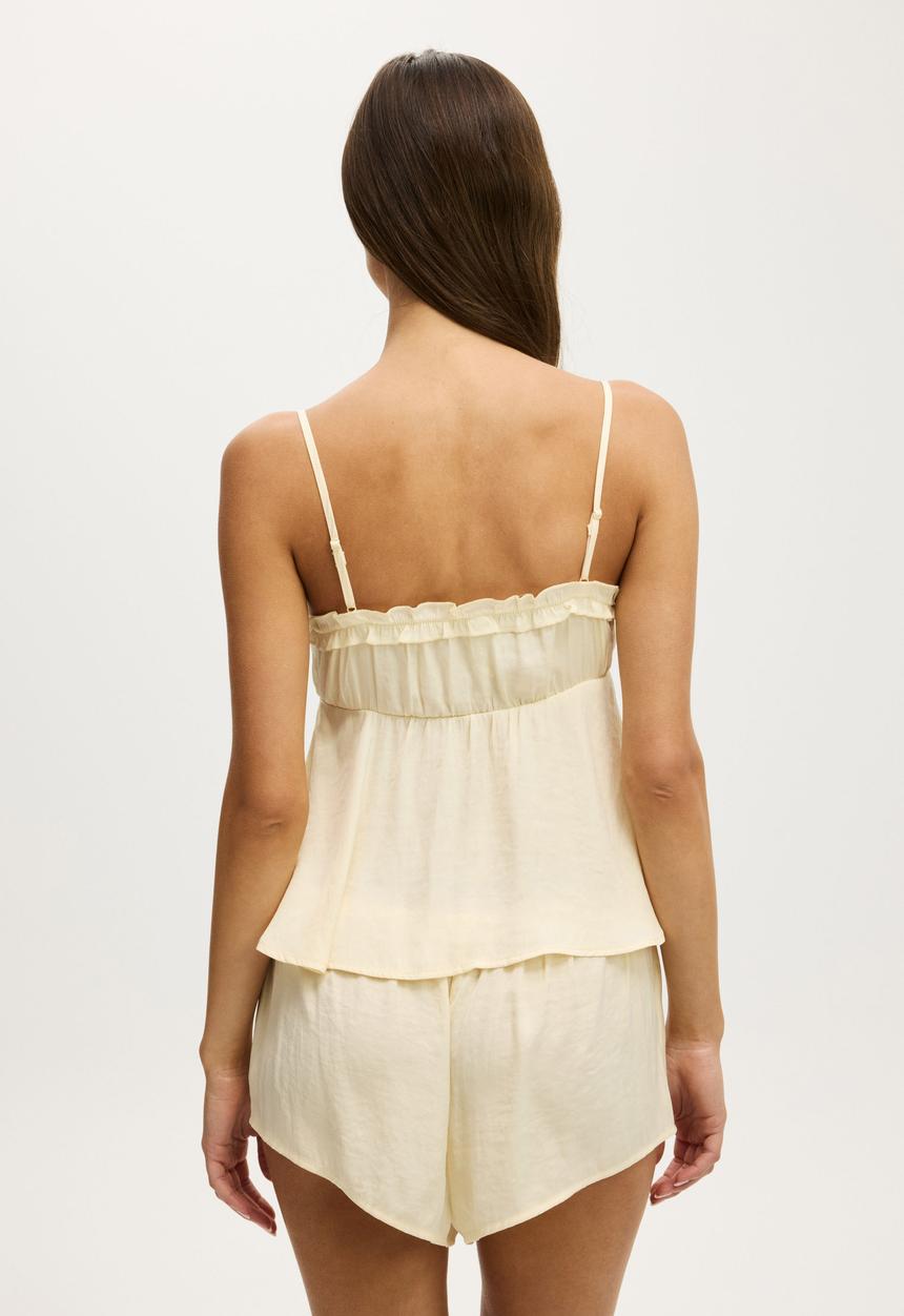 Cotton On - Washed Satin Ruffle Cami Set - Lemon Icing