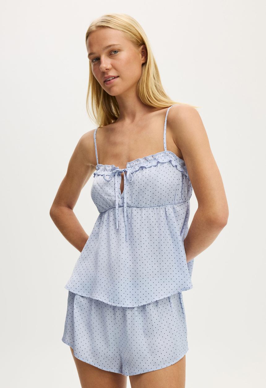 Cotton On - Washed Satin Ruffle Cami Set - Violet Blue Lisa Micro Spot