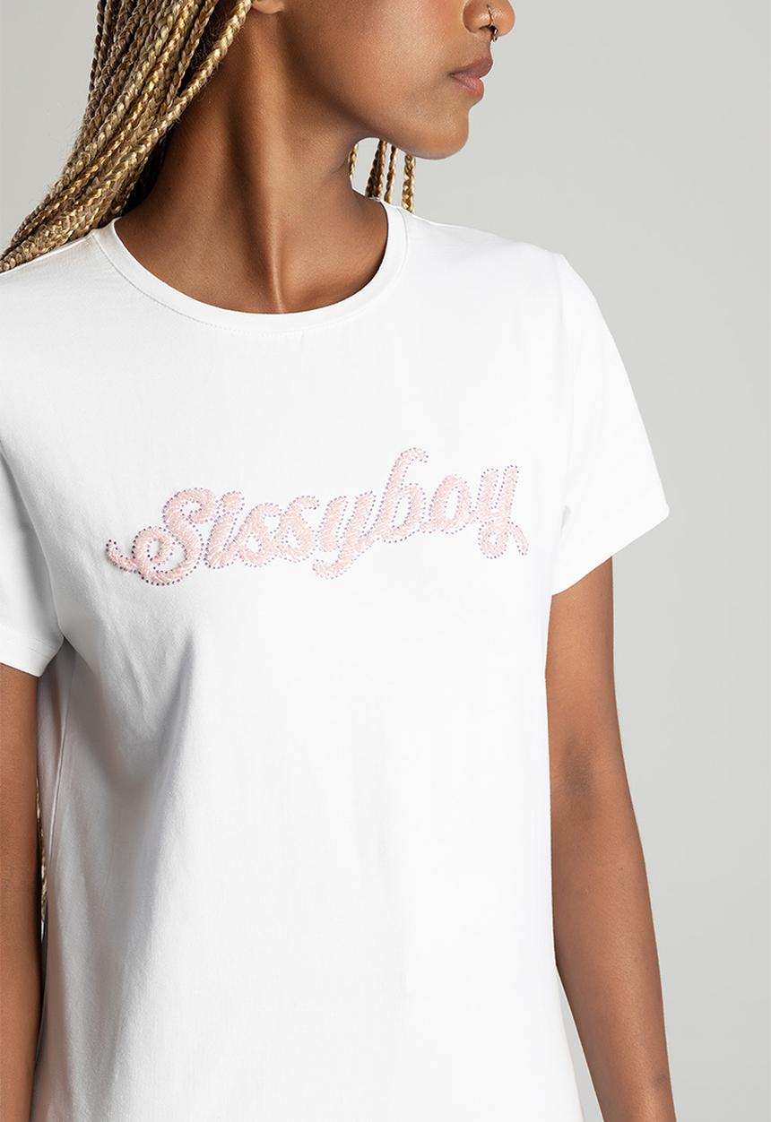 SISSY BOY - Living For This Regular Tshirt With Pink Beaded Logo - White