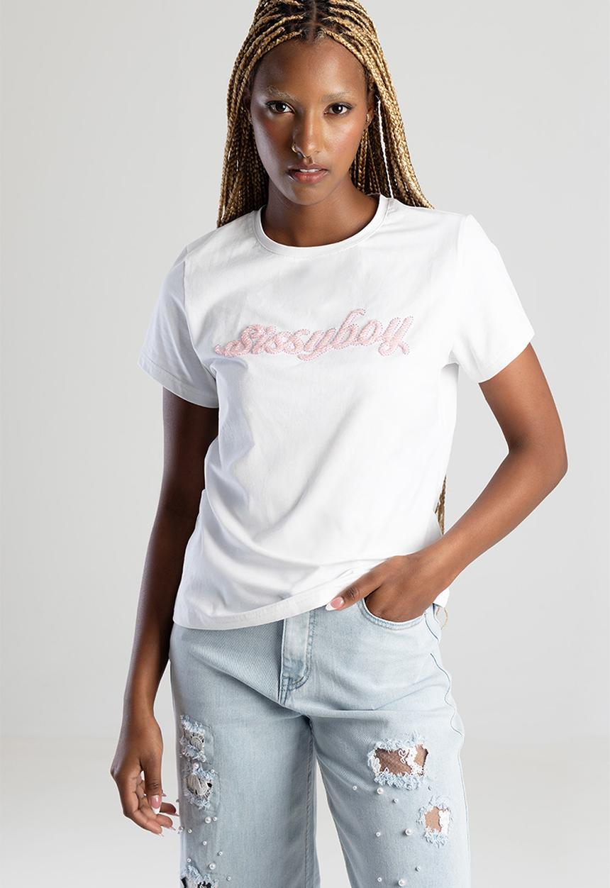 SISSY BOY - Living For This Regular Tshirt With Pink Beaded Logo - White
