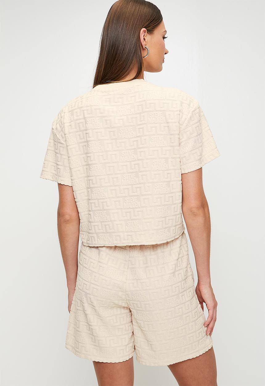 Steve Madden - Ladies bella embossed logo jogger shorts - stone