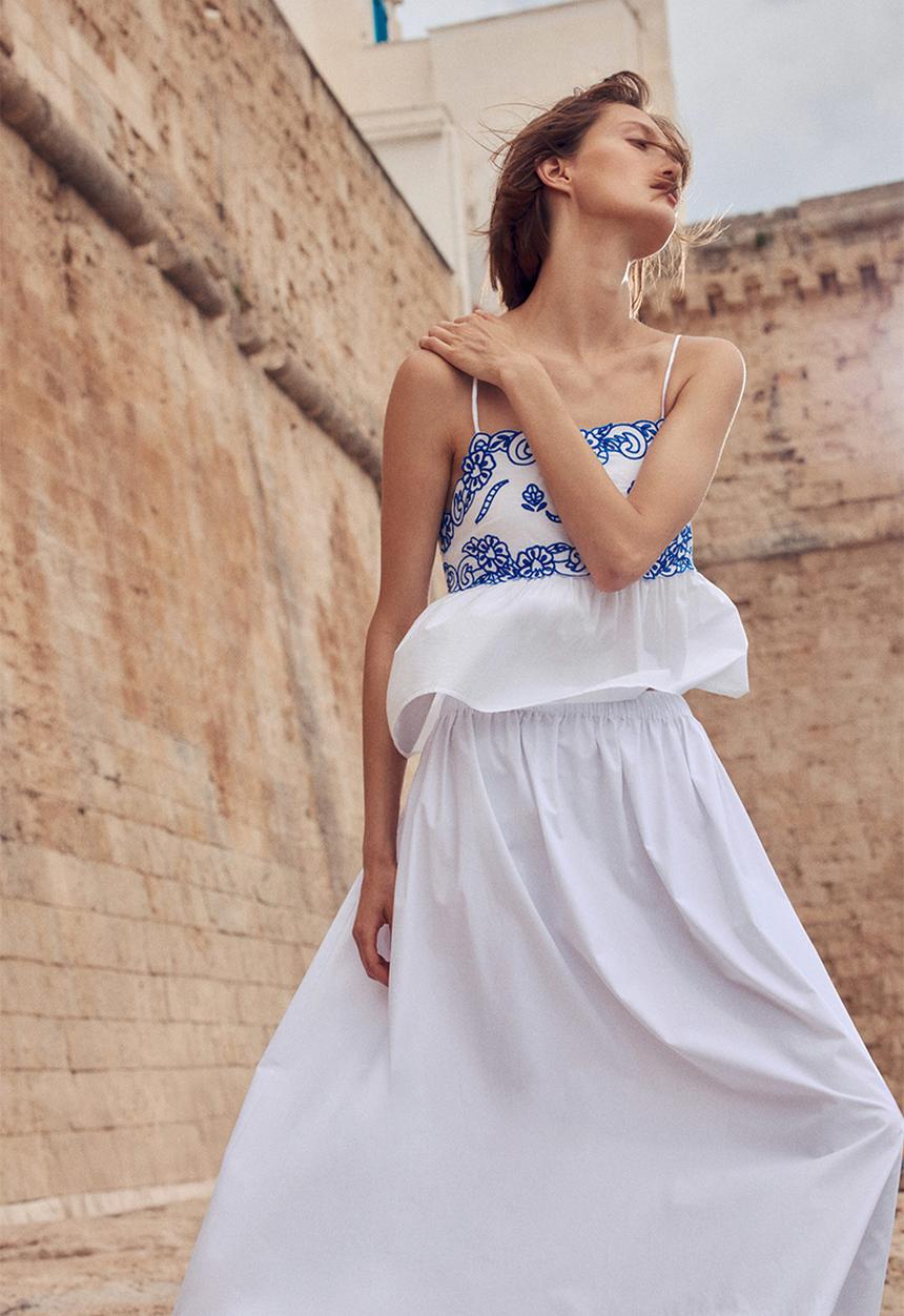 H&M - Embroidered strappy top - white/blue patterned