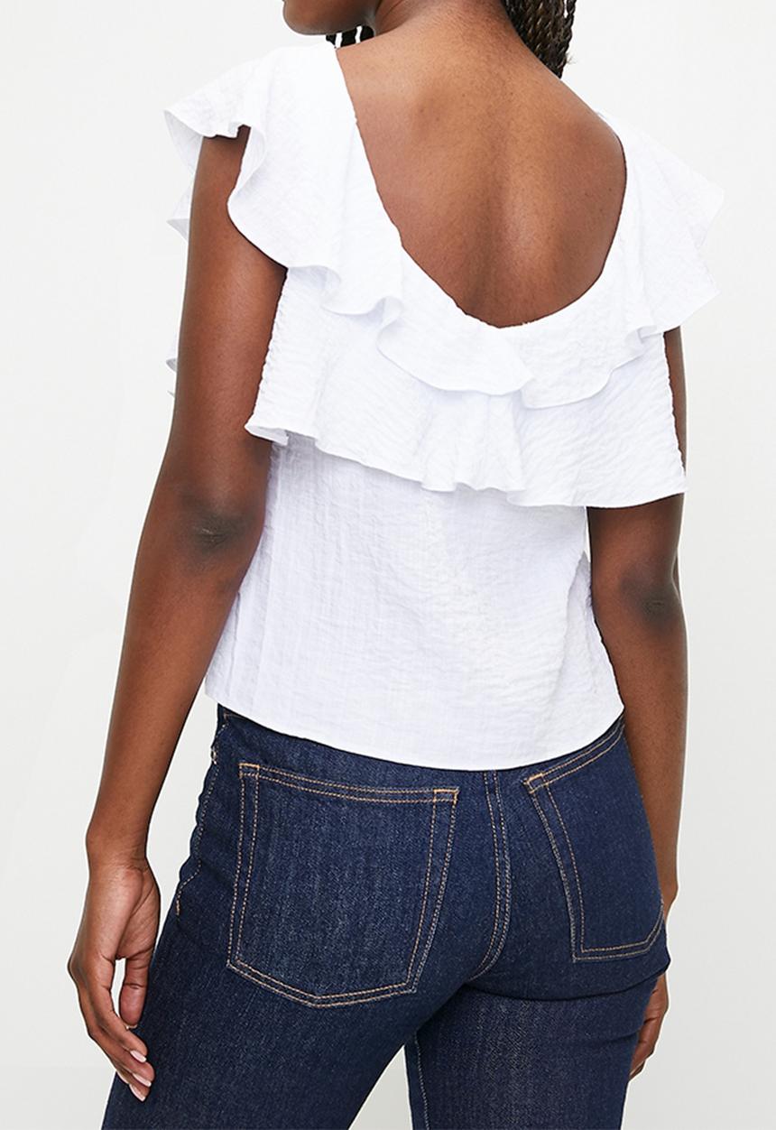 MILLA - Double frill linen top -  white