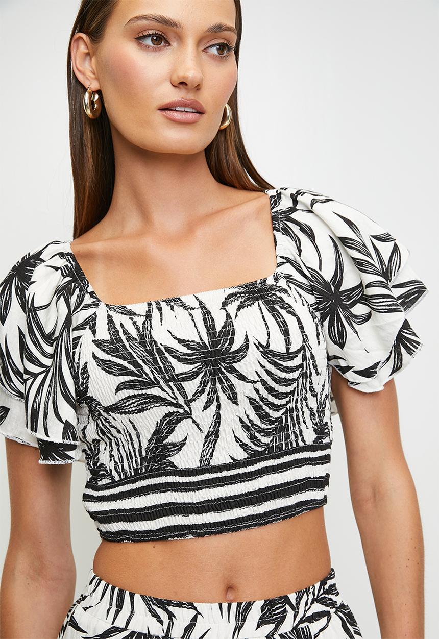 MANDI - Cap Sleeve Crop Top With Pull On Maxi Skirt Set - Black/ White