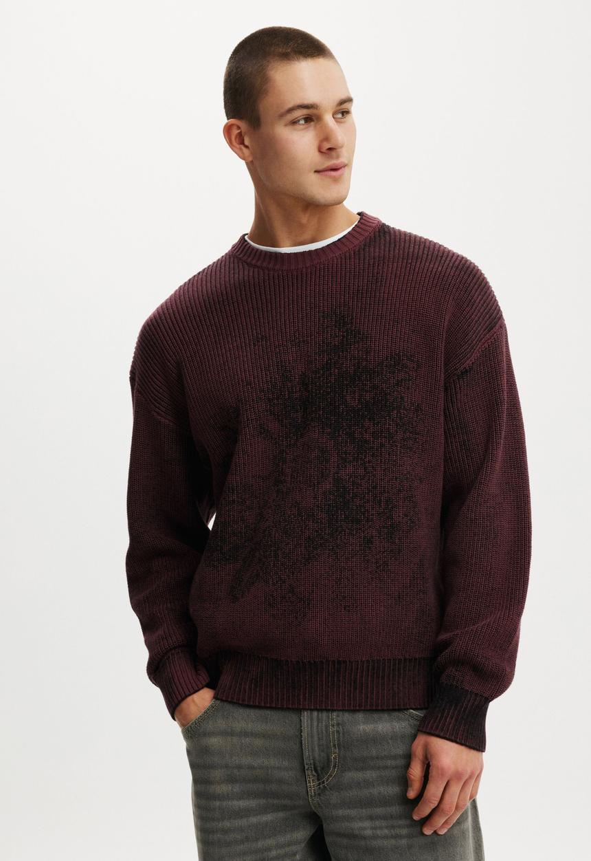 Cotton On - Y2K Box Fit Crew Knit - Burgundy Spray