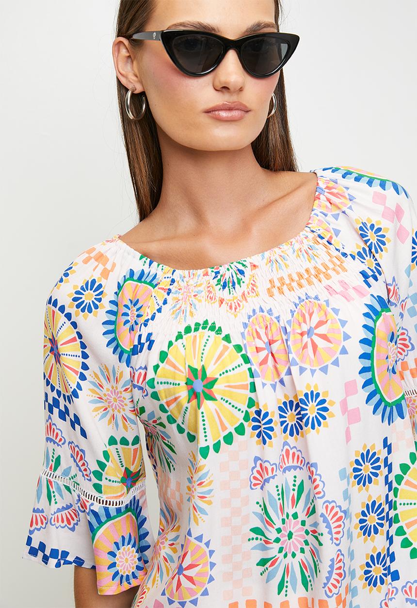 MANDI - Half Sleeve With Flutter Curved Hem Tee - Multi White
