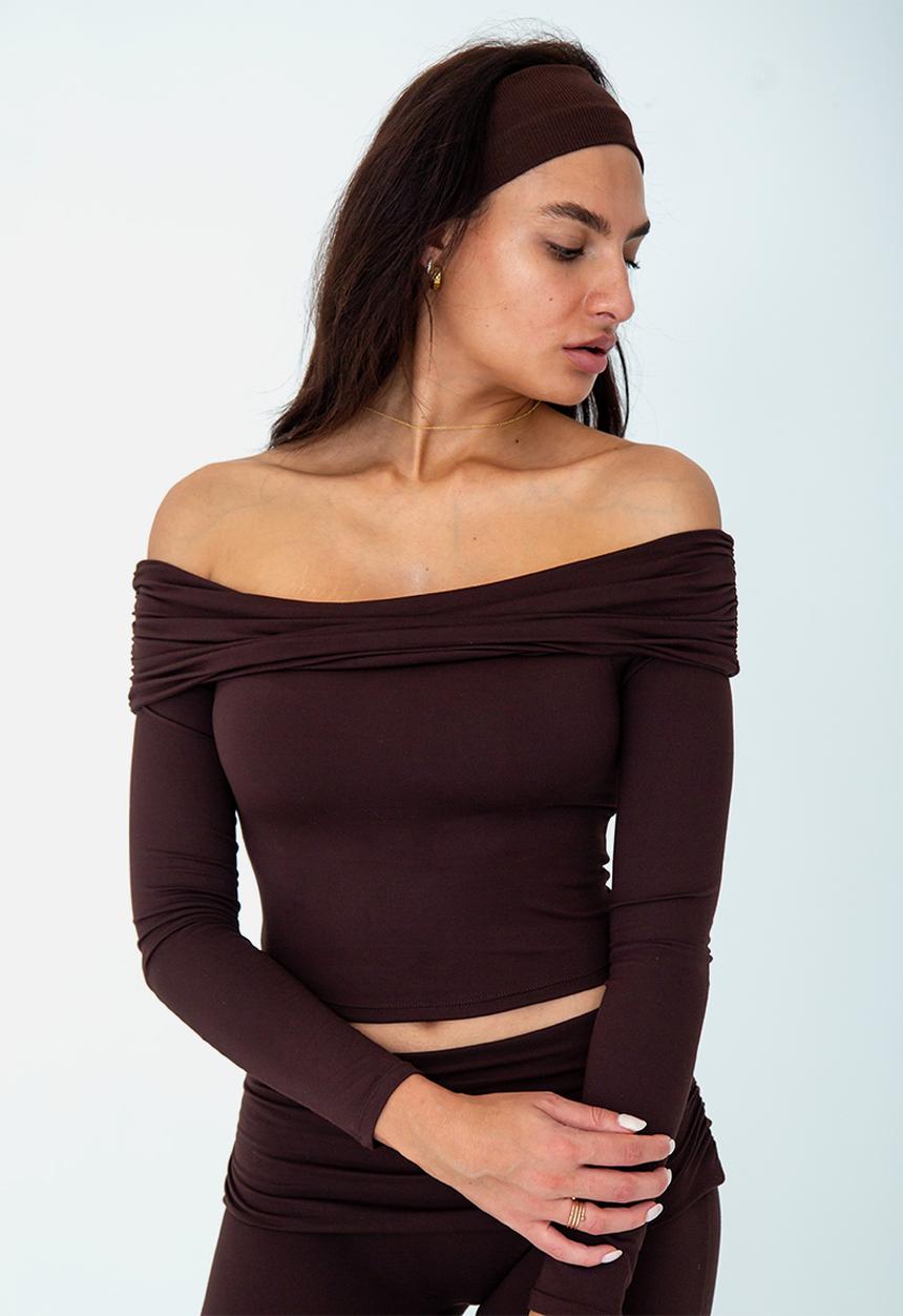 Net Athletic - Latte lounge long sleeve drape top - espresso brown