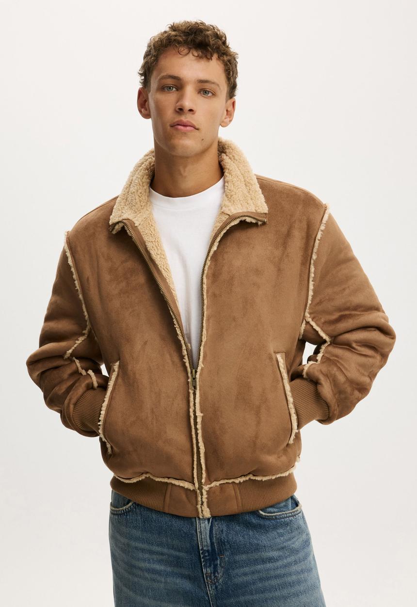 Faux Sherling Bomber Jacket - Brown