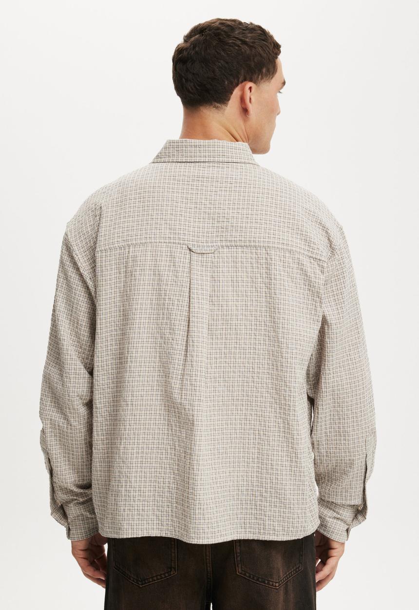 Cotton On - Hudson Long Sleeve Shirt - Stone Micro Check
