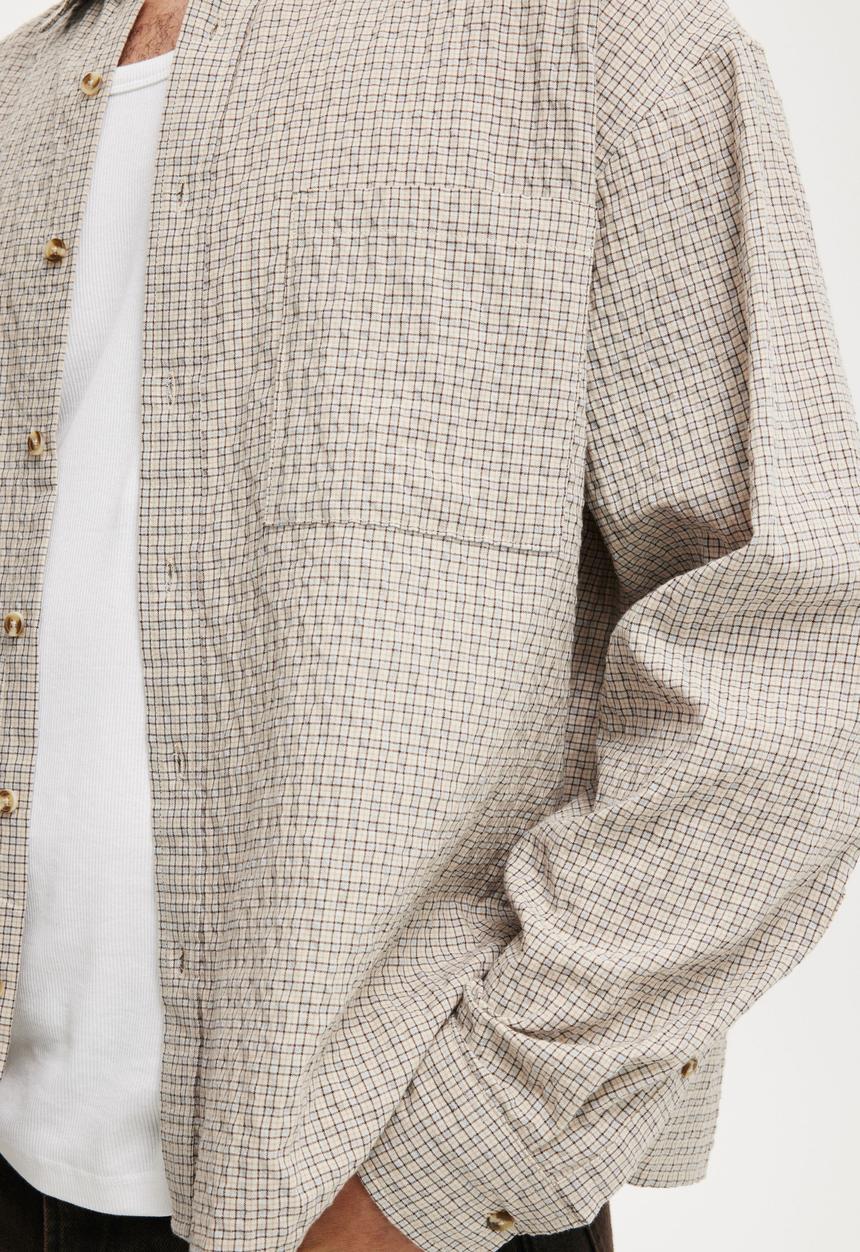 Cotton On - Hudson Long Sleeve Shirt - Stone Micro Check