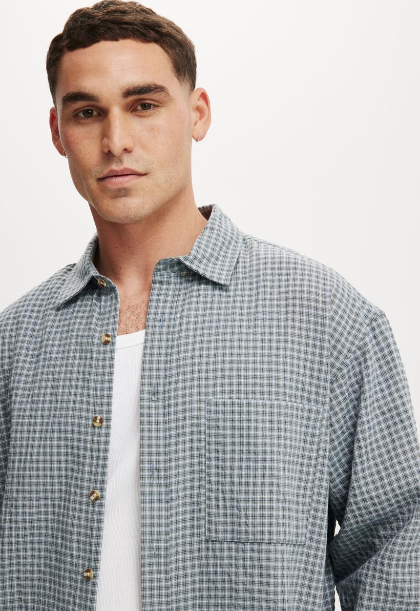 Cotton On - Hudson Long Sleeve Shirt - Blue Micro Check