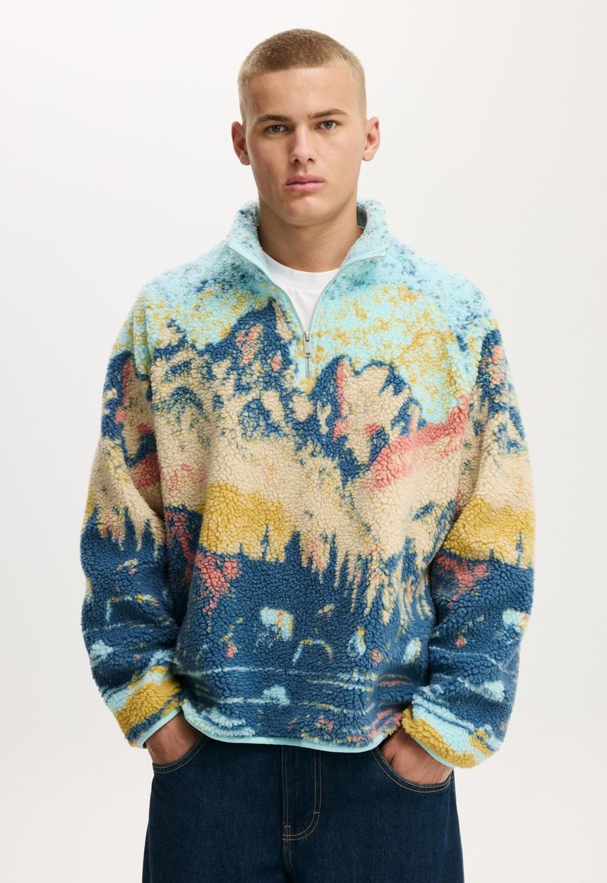 Cotton On - Quarter Zip Teddy Fleece - Blue Multi Mountains