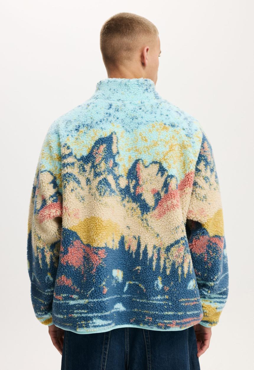 Cotton On - Quarter Zip Teddy Fleece - Blue Multi Mountains