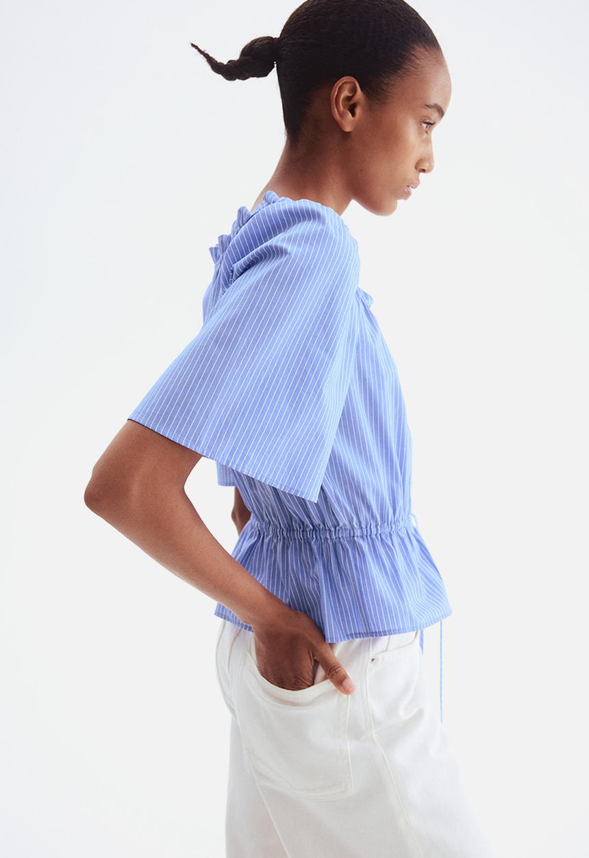 H&M - Frill-trimmed cotton blouse - light blue striped