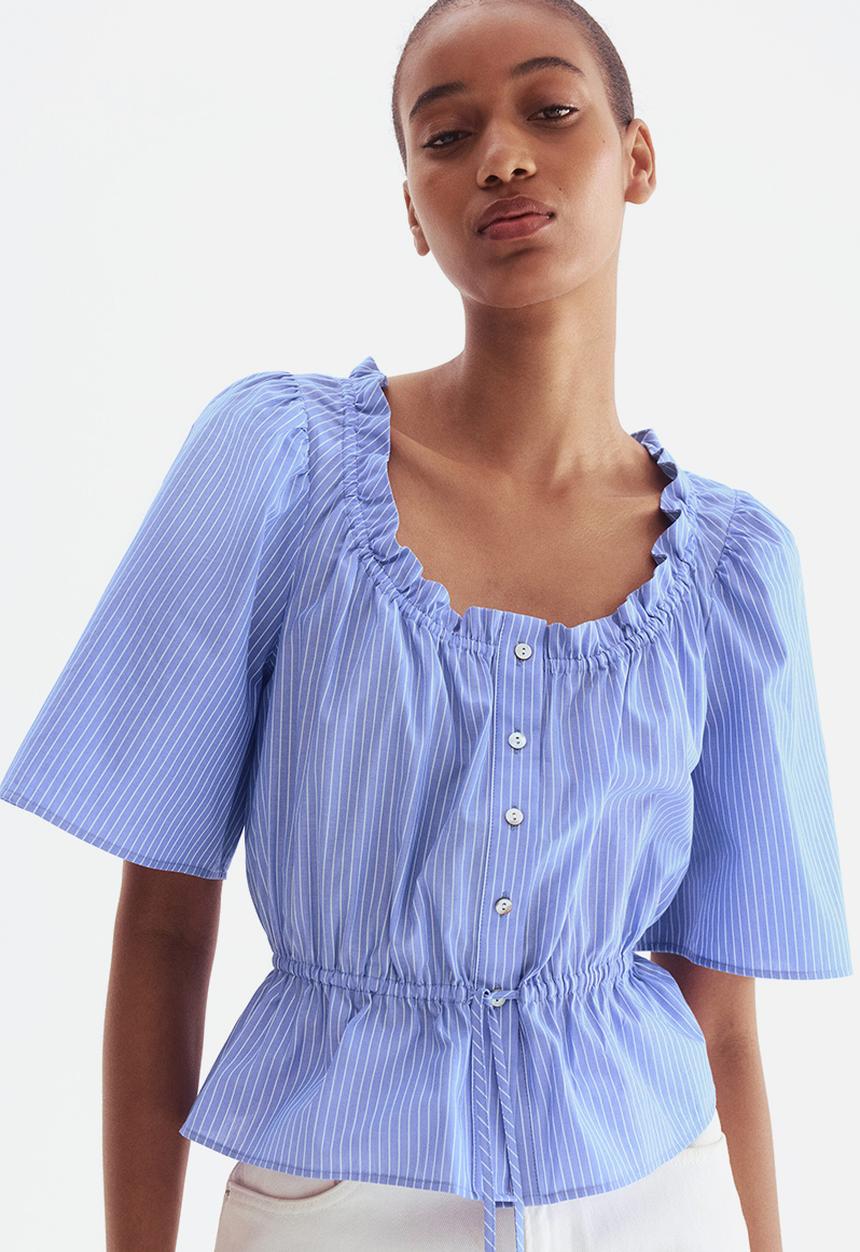 H&M - Frill-trimmed cotton blouse - light blue striped