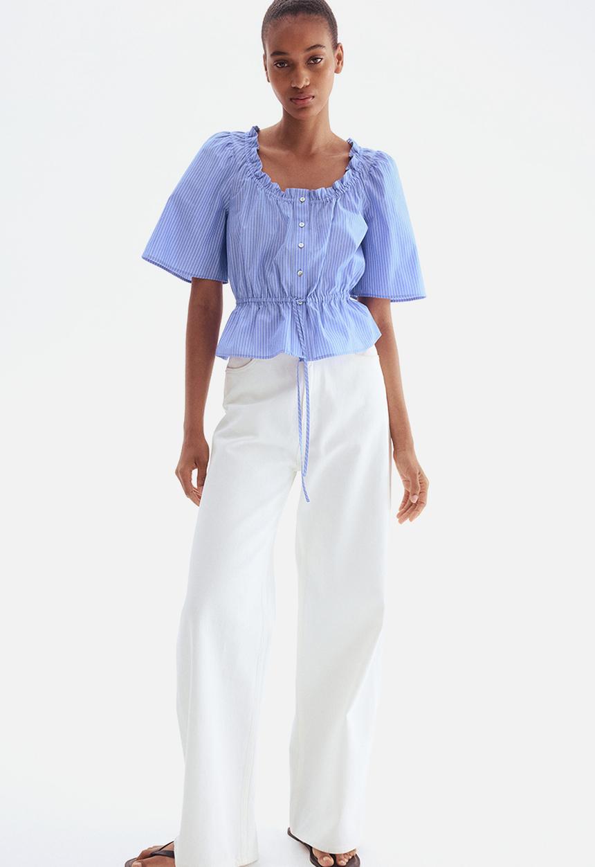 H&M - Frill-trimmed cotton blouse - light blue striped