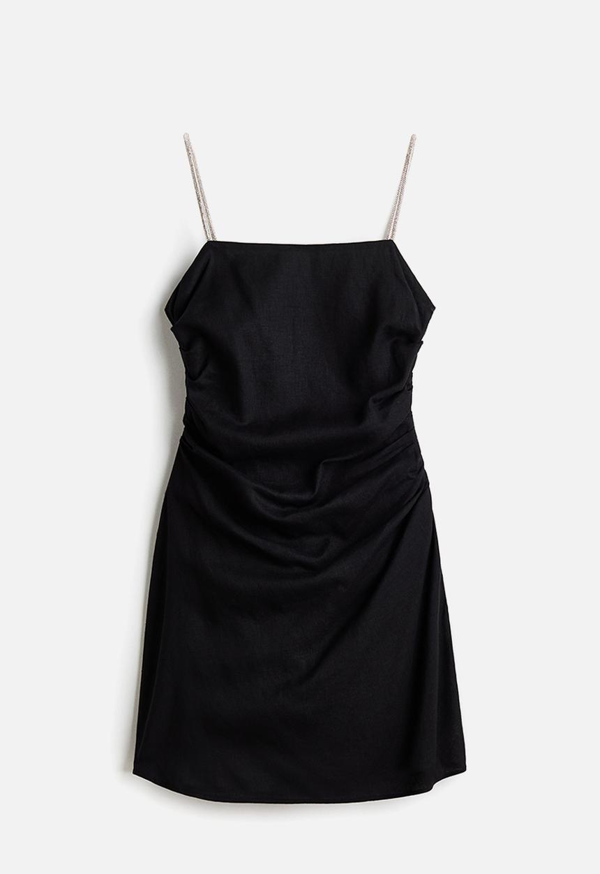 H&M - Linen-blend rhinestone-strap dress - black