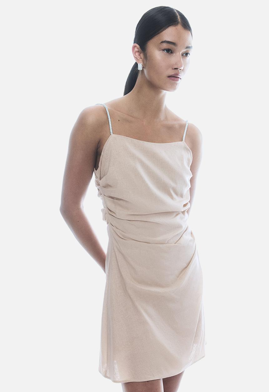 H&M - Linen-blend rhinestone-strap dress - light beige