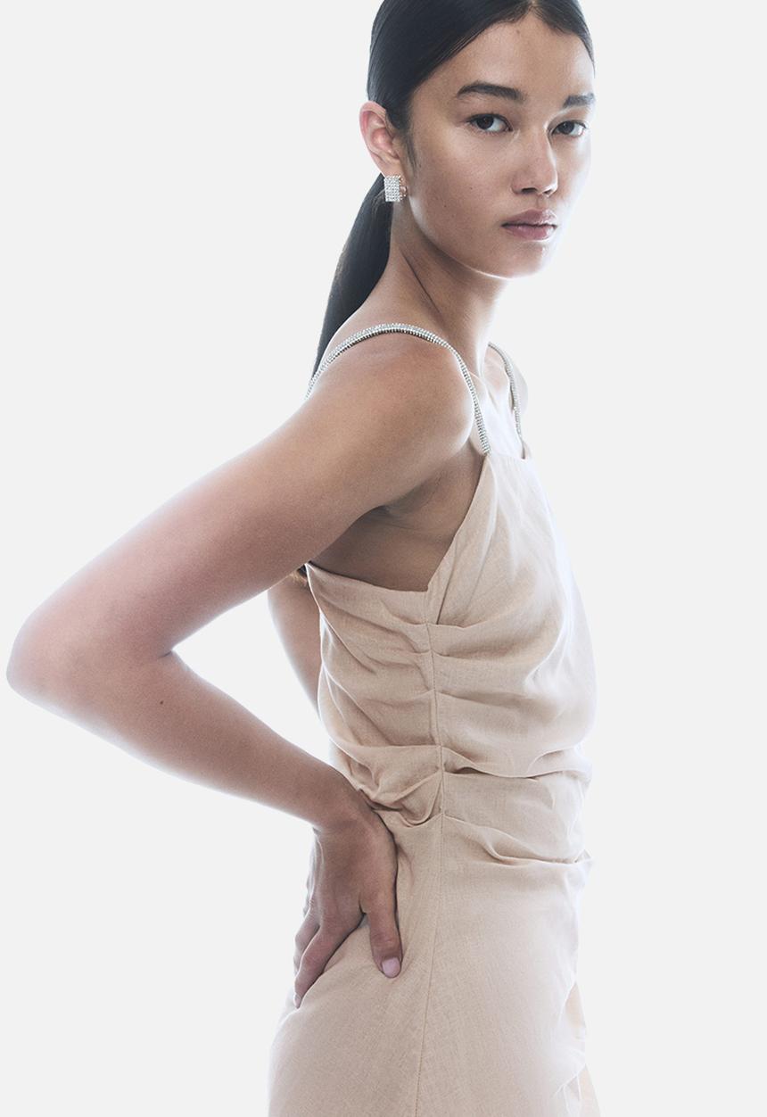 H&M - Linen-blend rhinestone-strap dress - light beige