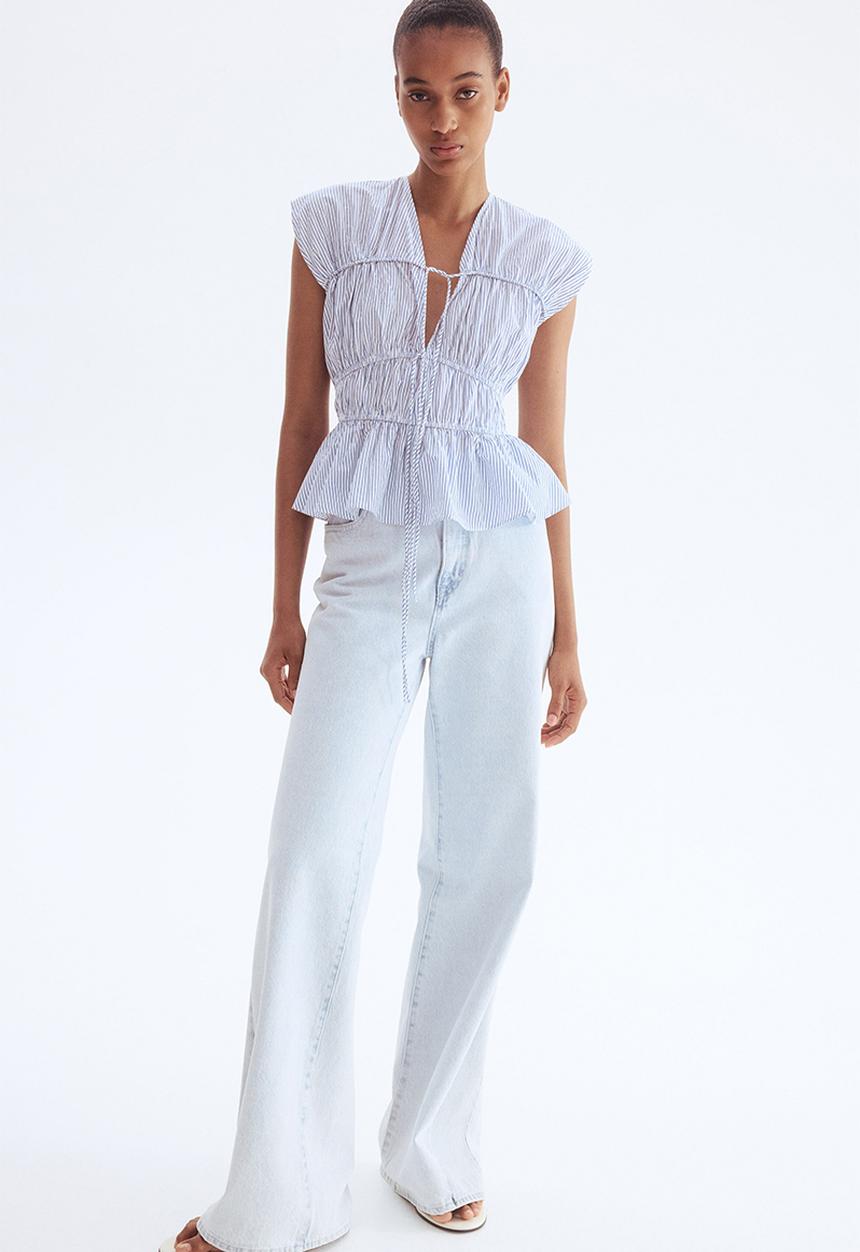 H&M - Drawstring poplin blouse - white & blue striped 