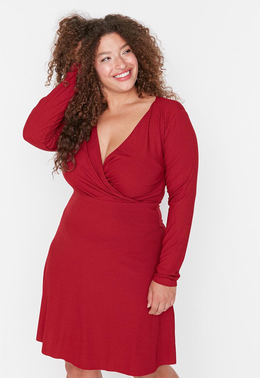 Trendyol - Plus size v-neck skater dress - red