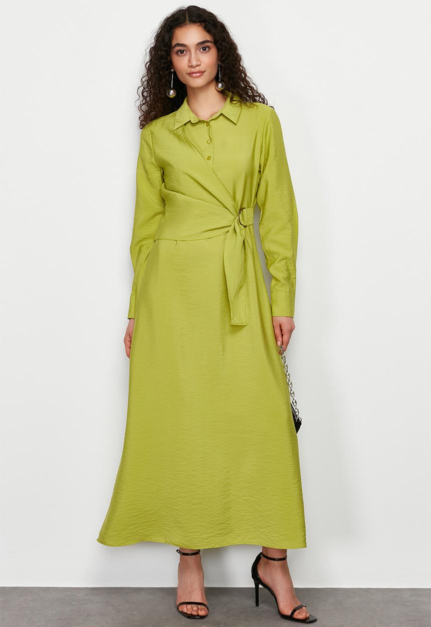 Trendyol - Maxi Woven Waist Tie Dress - Green