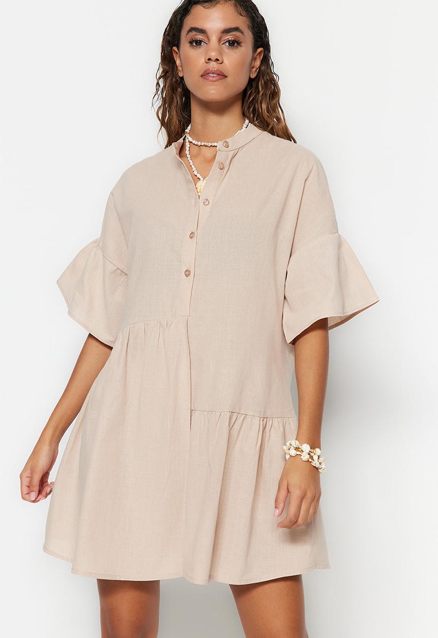 Trendyol - Mini Tiered Woven Dress - Beige
