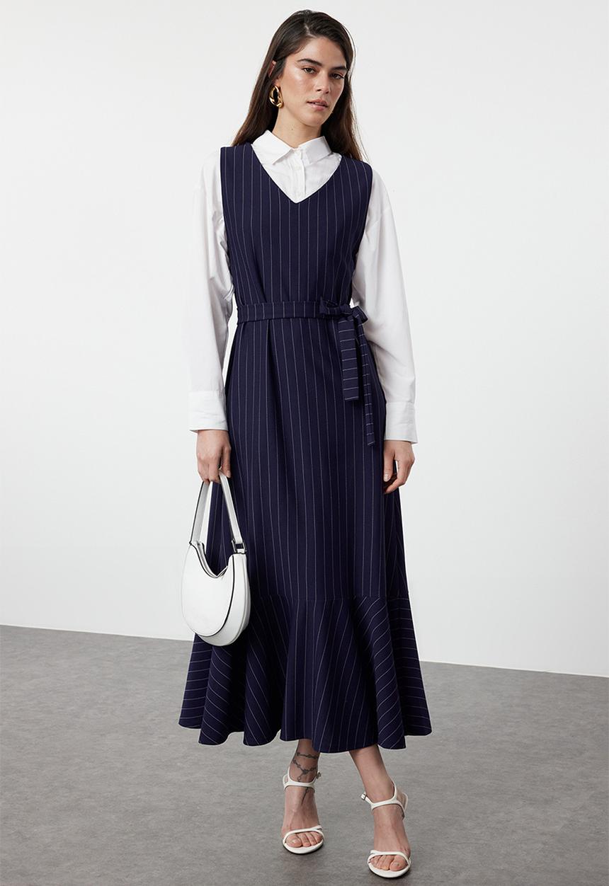 Trendyol - Maxi A line Striped Woven Dress - Navy