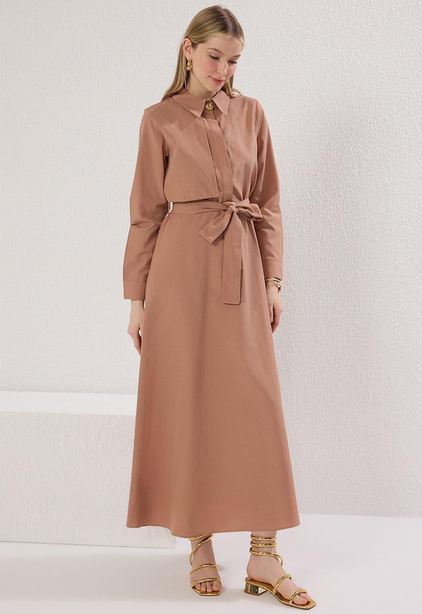 Trendyol - Maxi Self Cloth Belted Woven Dress - Brown