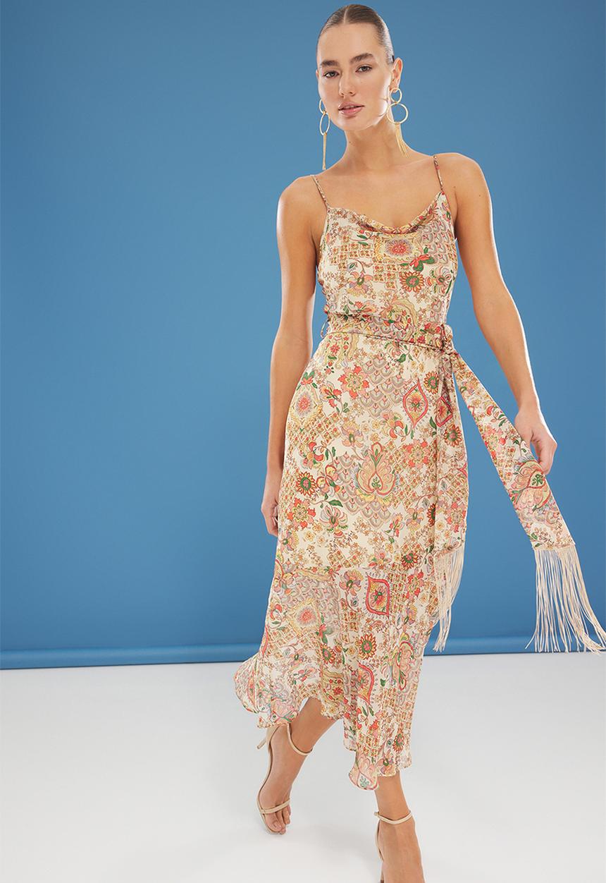 Trendyol - Midi Straight Cut Woven Dress - Floral Beige