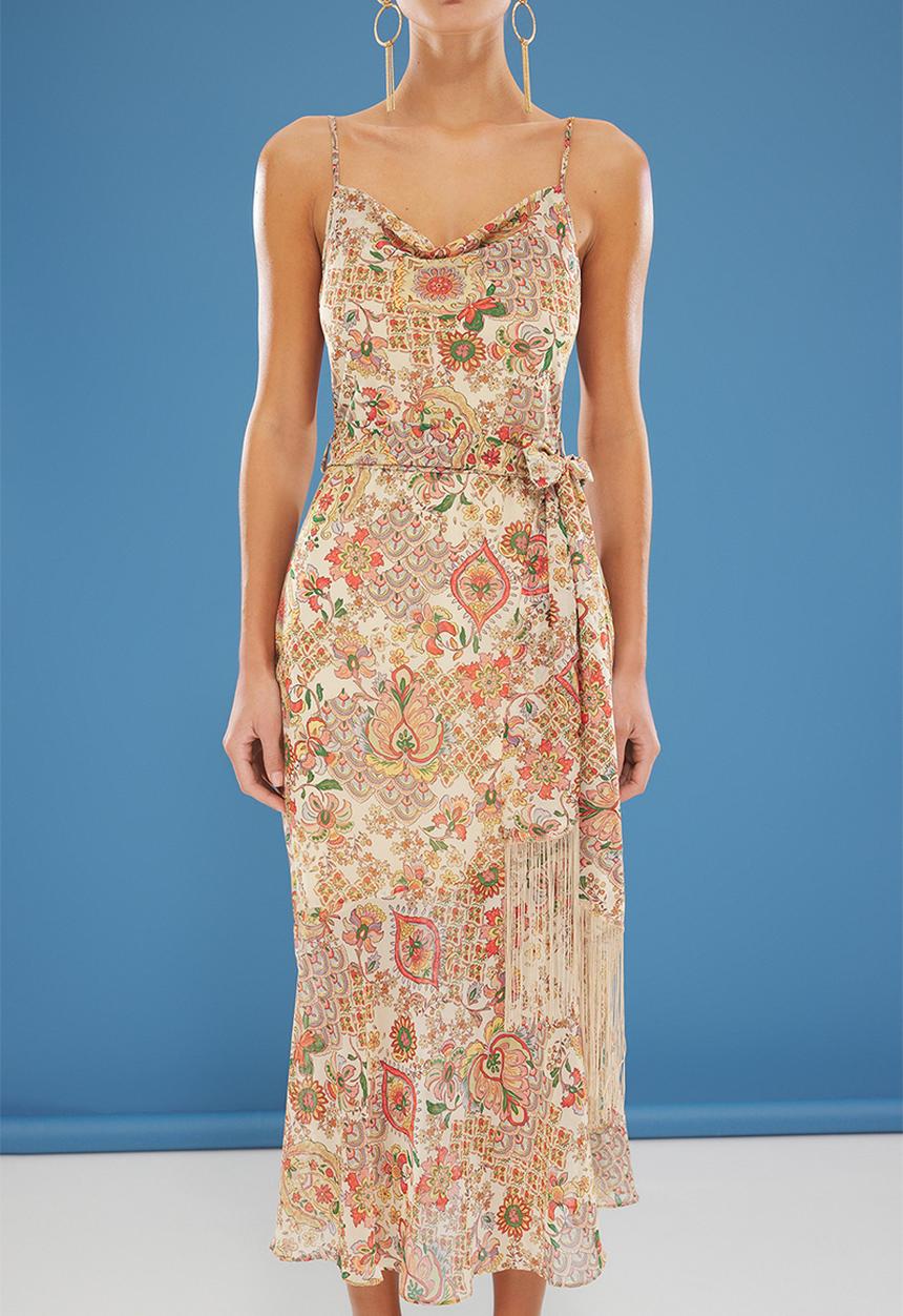 Trendyol - Midi Straight Cut Woven Dress - Floral Beige