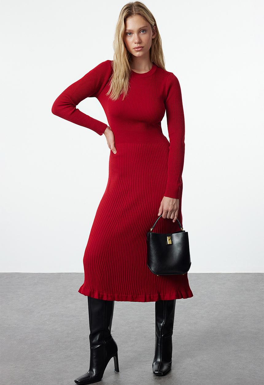 Trendyol - Midi Knit Dress - Red