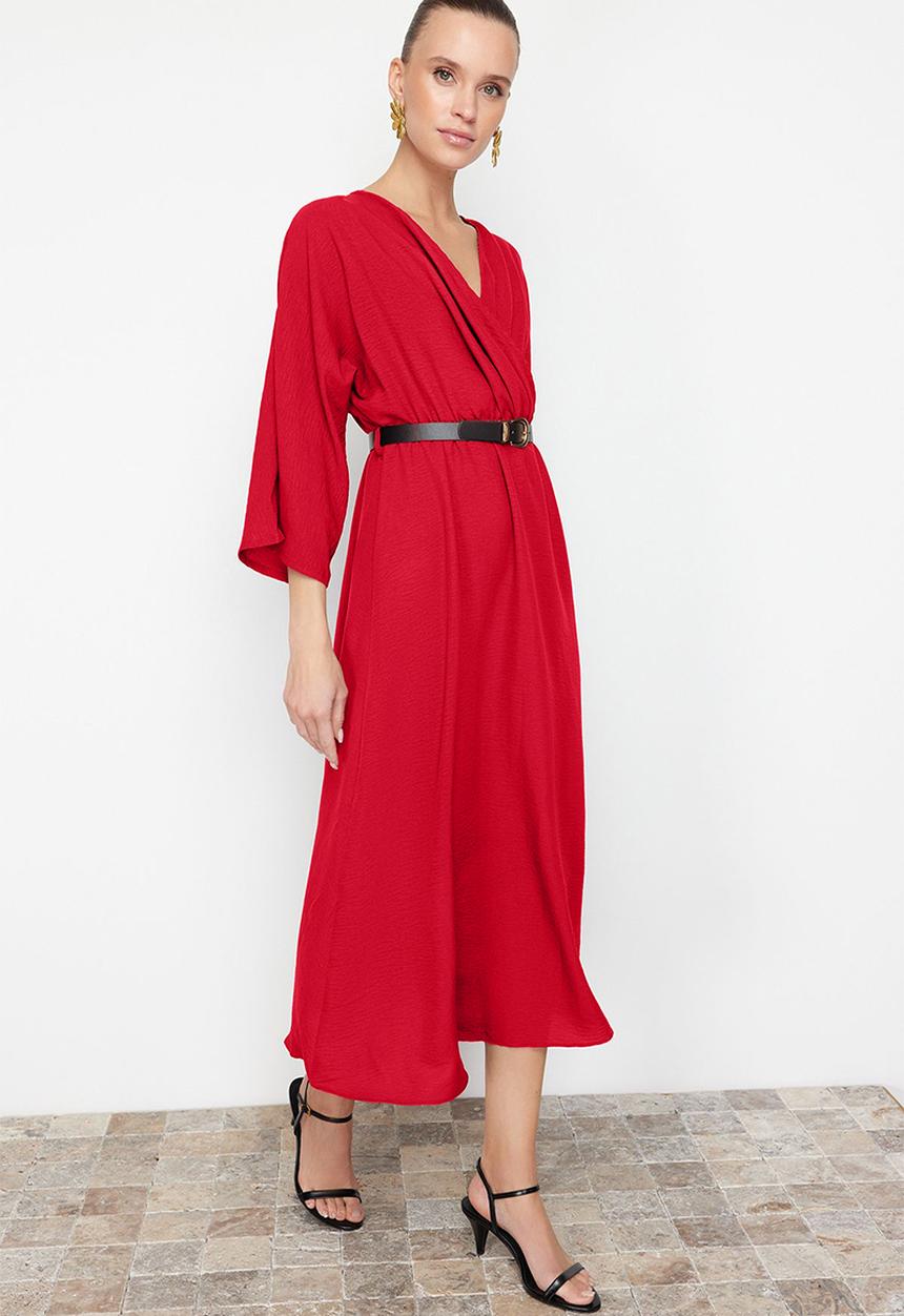 Trendyol - Midi Aline Woven 3/4 Slv Dress - Red