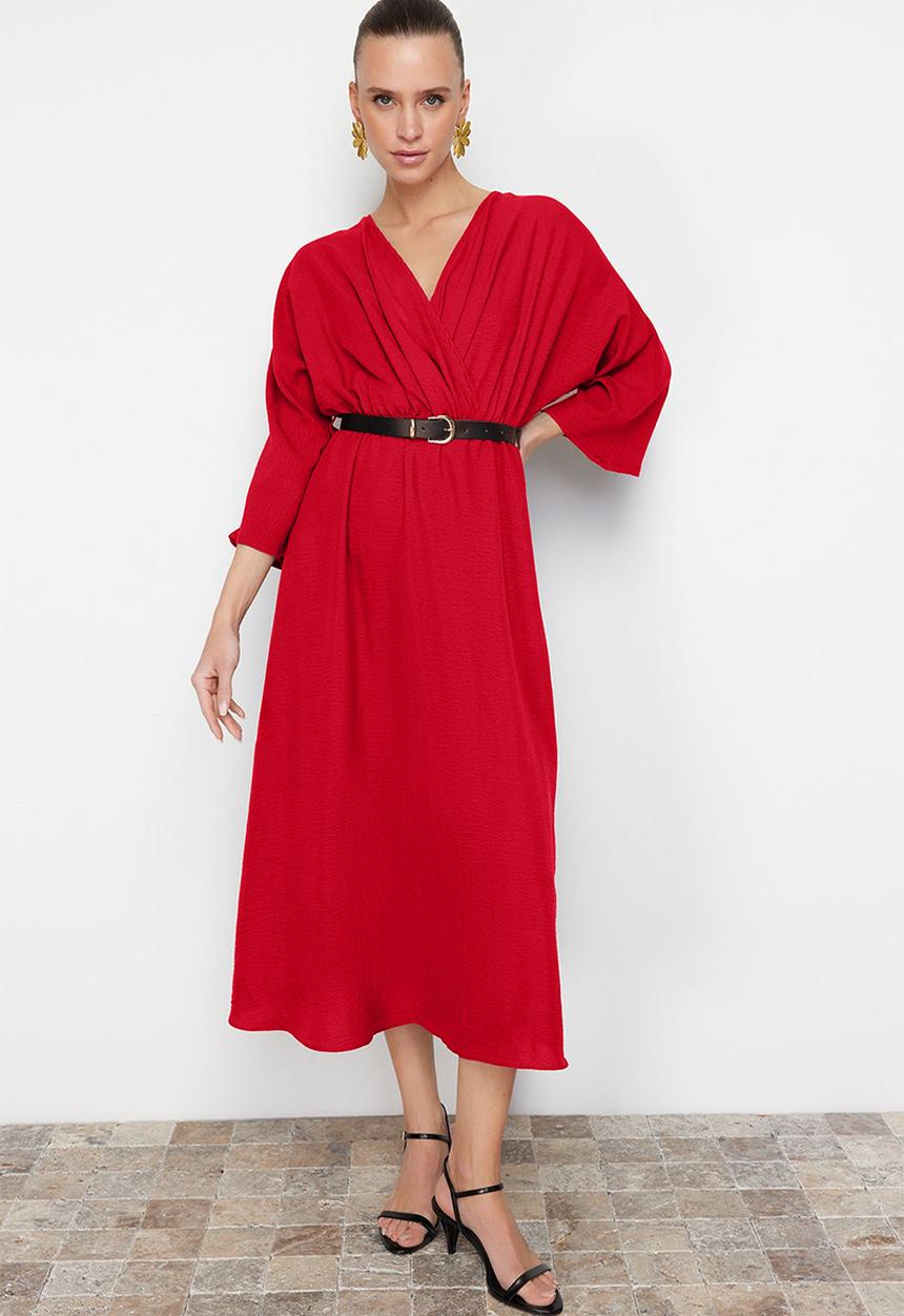 Trendyol - Midi Aline Woven 3/4 Slv Dress - Red