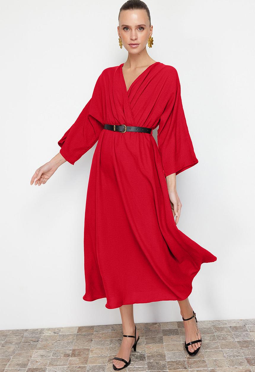 Trendyol - Midi Aline Woven 3/4 Slv Dress - Red