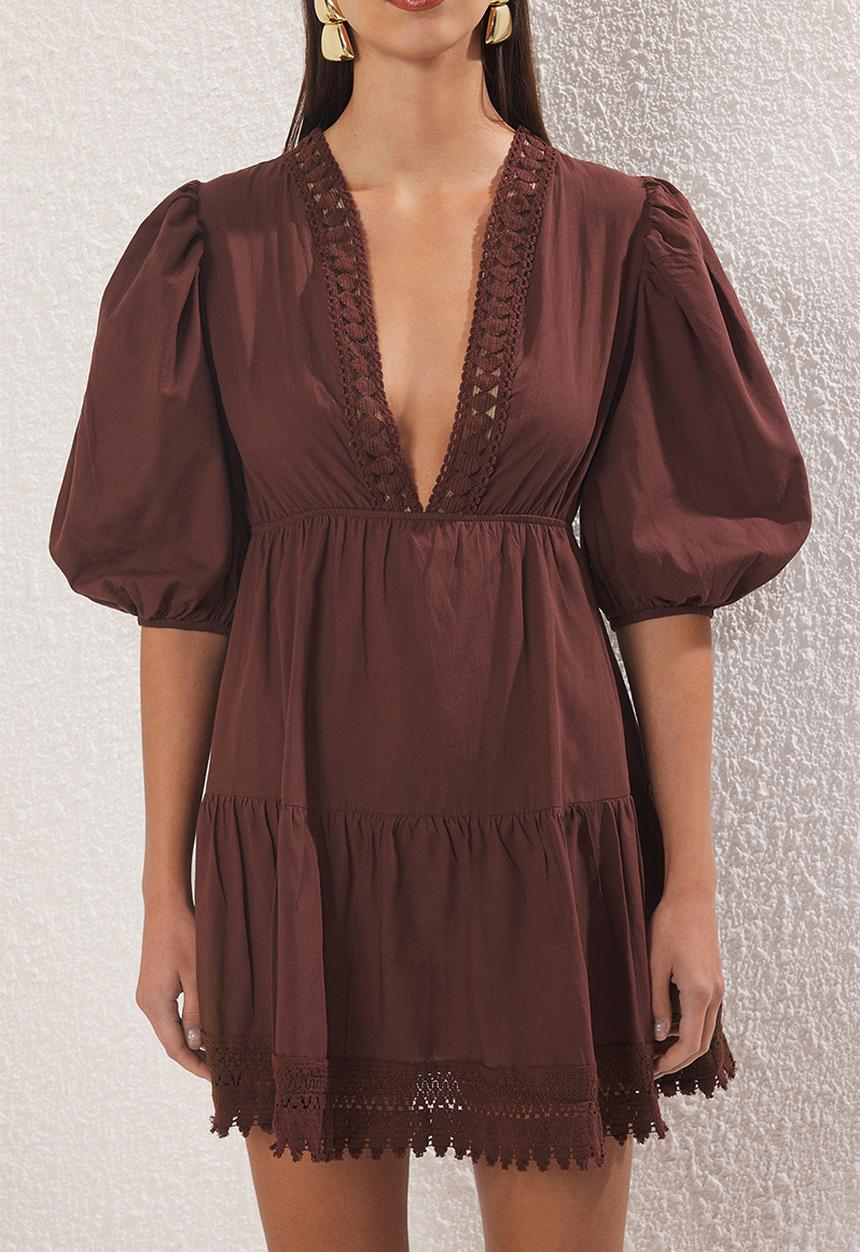 Trendyol - Mini Deep V Woven Dress - Brown