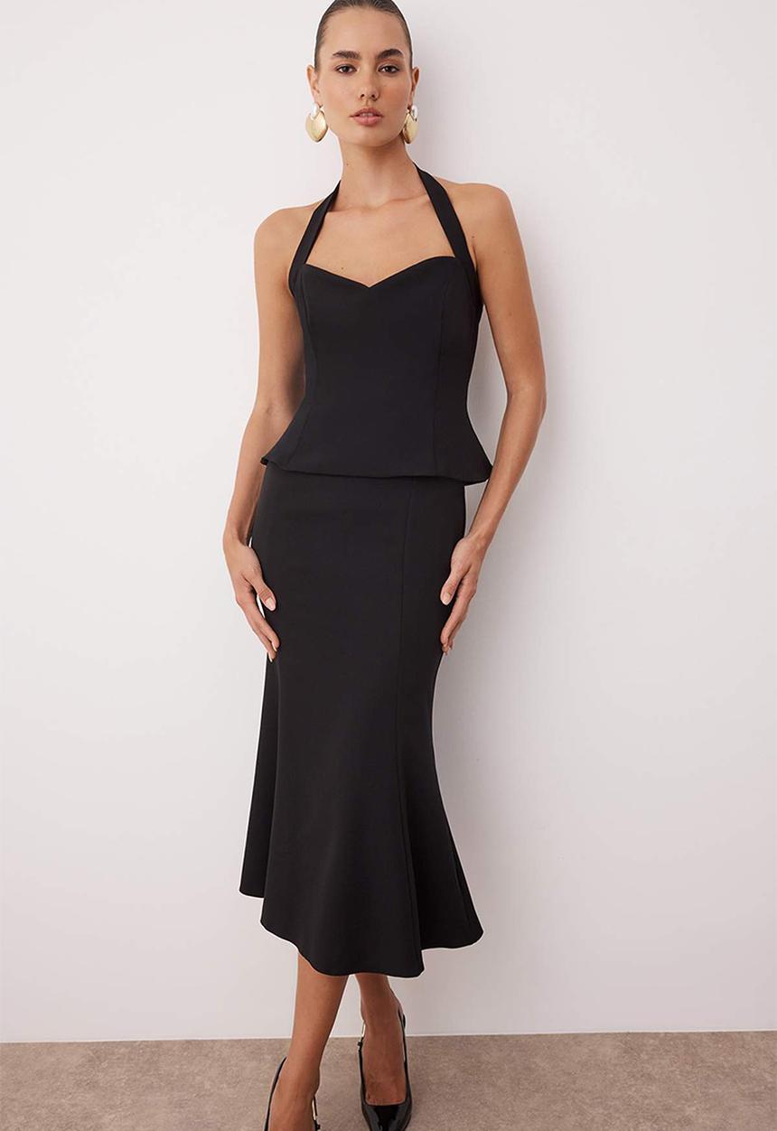 Trendyol - Midi Woven Sweetheart  Dress - Black