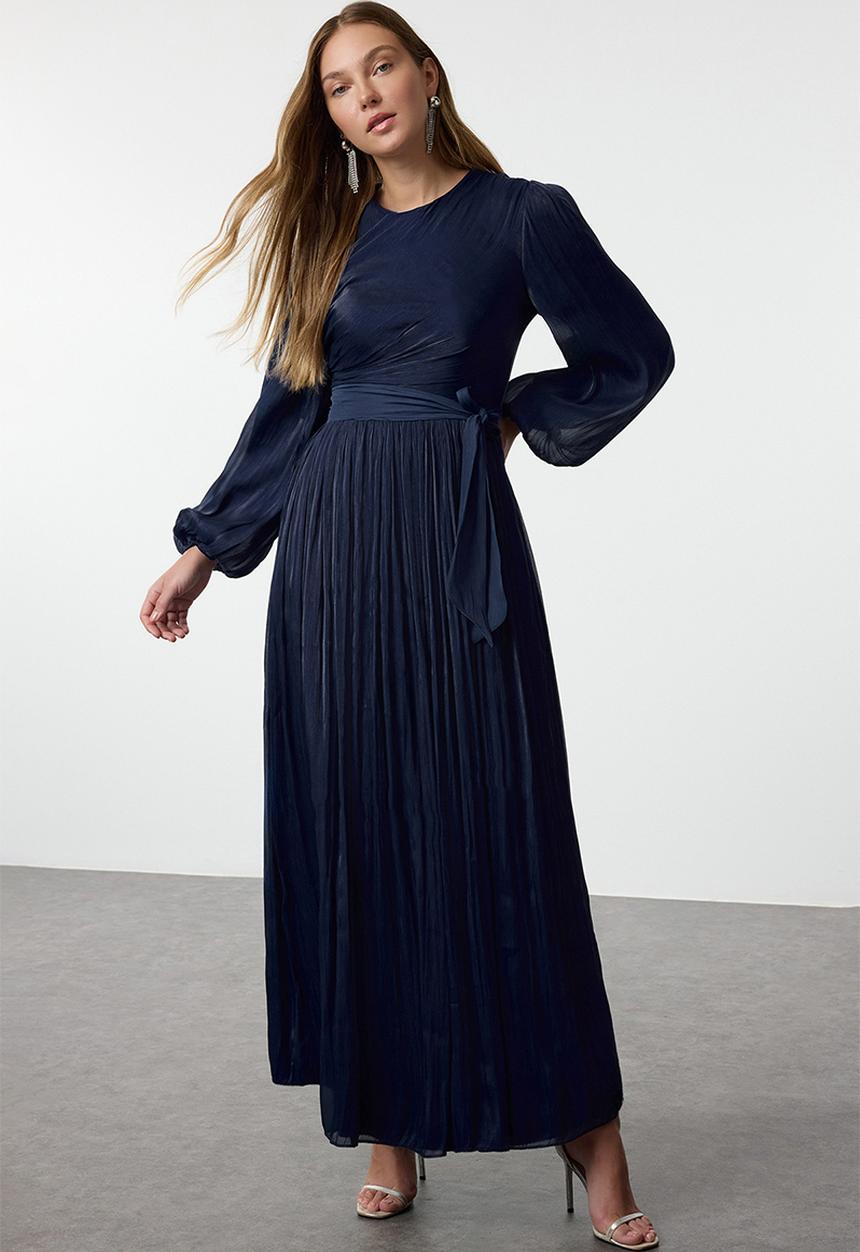 Trendyol - Maxi A line Pleated Woven Dress - Navy