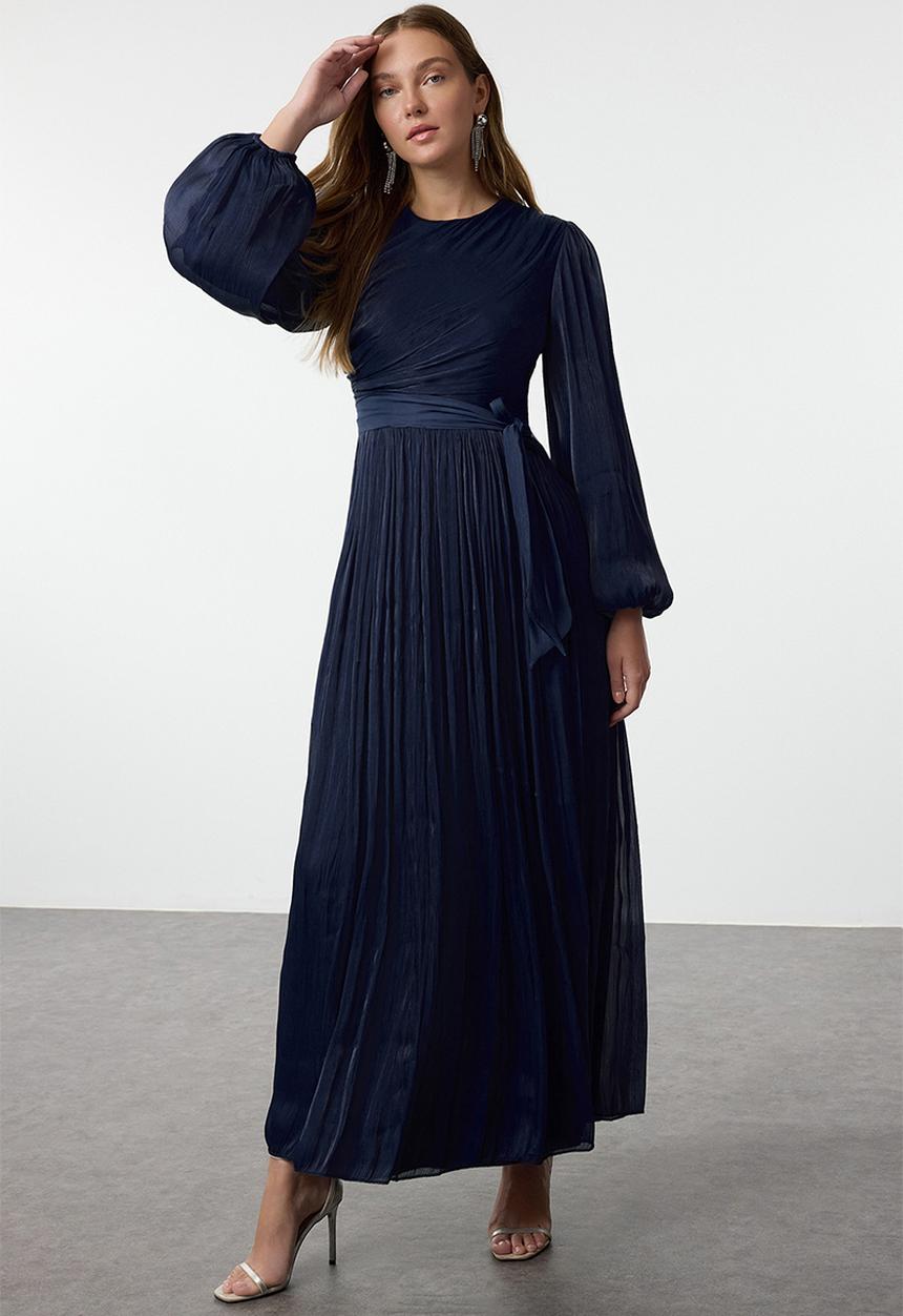 Trendyol - Maxi A line Pleated Woven Dress - Navy