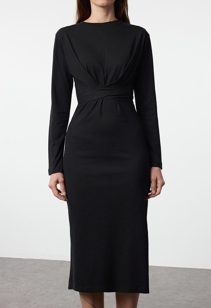 Trendyol - Midi Pencil Knit Back Tie Belt Dress - Black