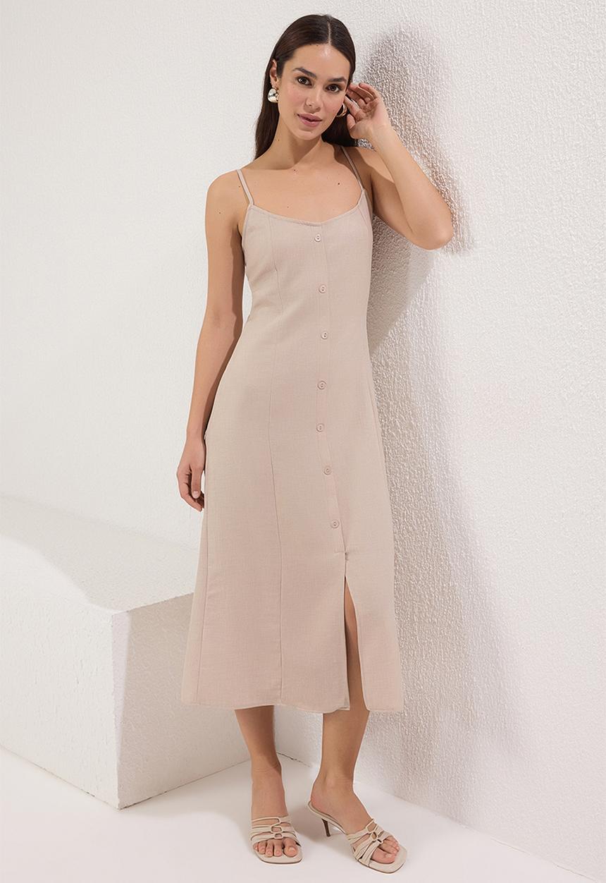 Trendyol - Midi Straight Cut Woven Dress - Beige